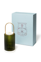 Trudon La Promeneuse Coffret, green glass lantern beside its pale blue presentation box