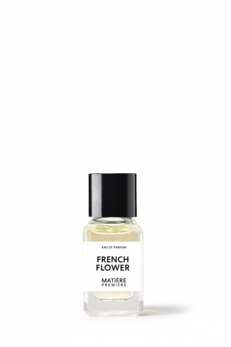 Matière Première French Flower 6ml eau de parfum, small glass bottle with black cap, studio shot