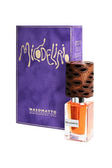 Nasomatto Micodelirio extrait de parfum, bottle beside its purple box