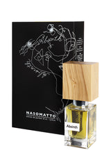 Nasomatto Absinth extrait de parfum, bottle with woodgrain cap beside its black illustrated box
