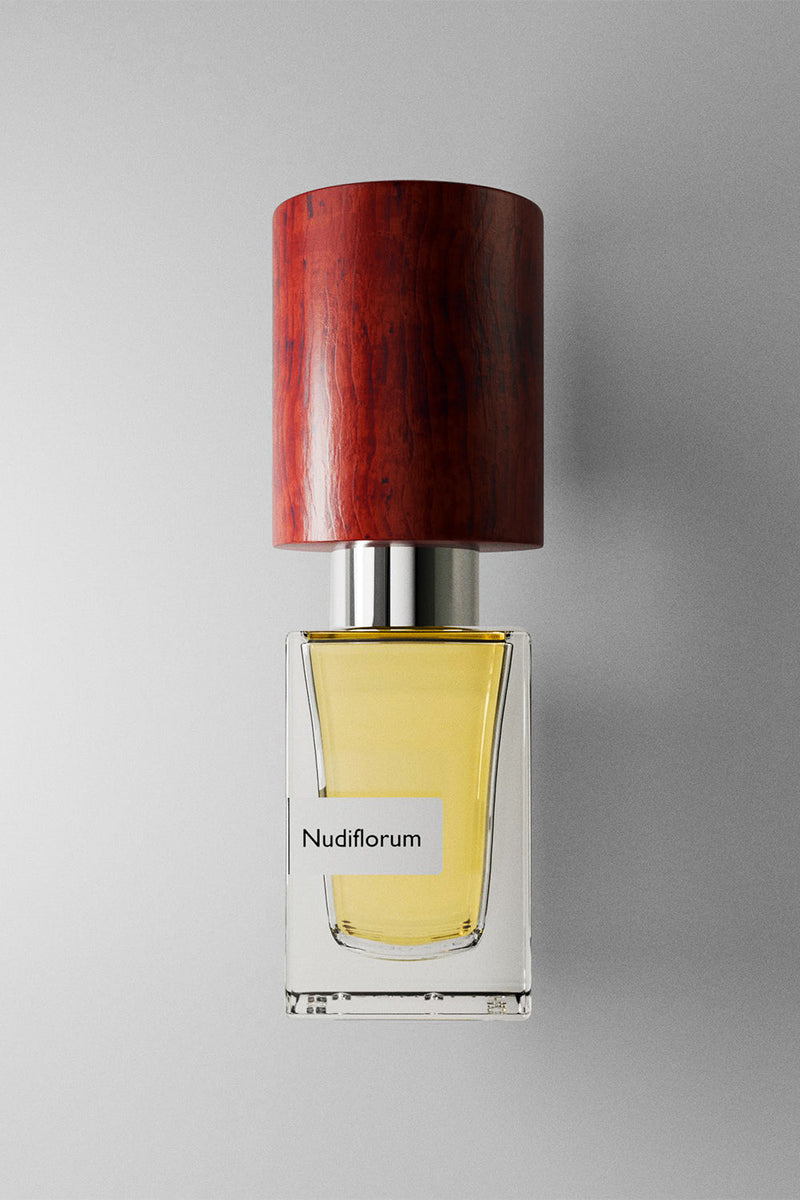 Nasomatto Nudiflorum extrait de parfum 30ml, pale yellow juice under a red woodgrain cap, front view