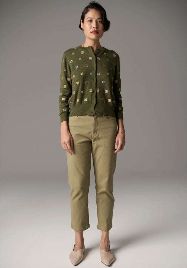 POL, Beech Embroidered Cardigan, Khaki