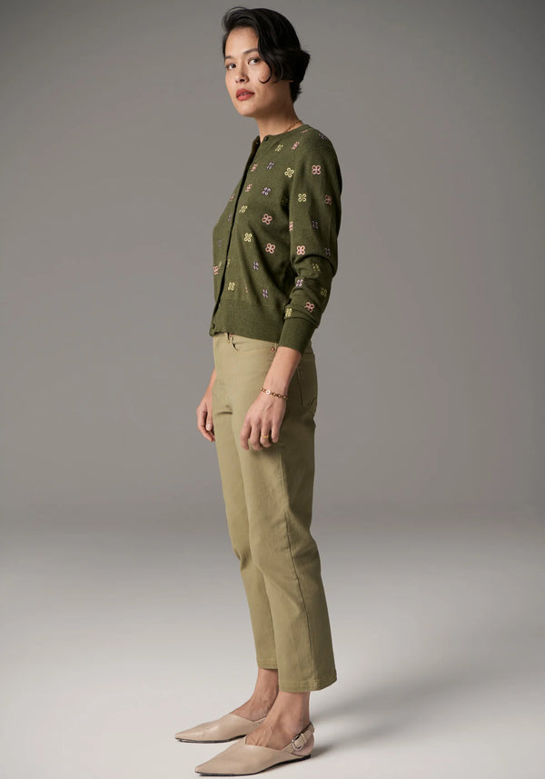 POL, Beech Embroidered Cardigan, Khaki