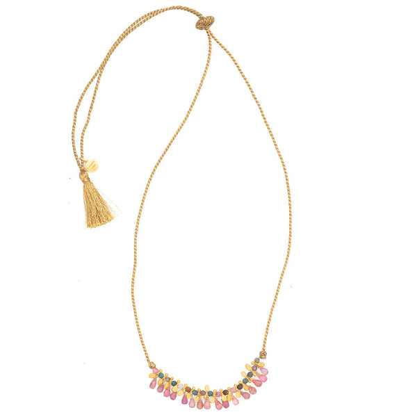 RUBYTEVA Tear Drop Pink Tourmaline with gold charms & Multi Tourmaline on gold silk