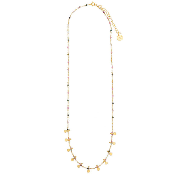 RUBYTEVA Short Link chain with Multi Tourmline beads & Gold plate disc charms