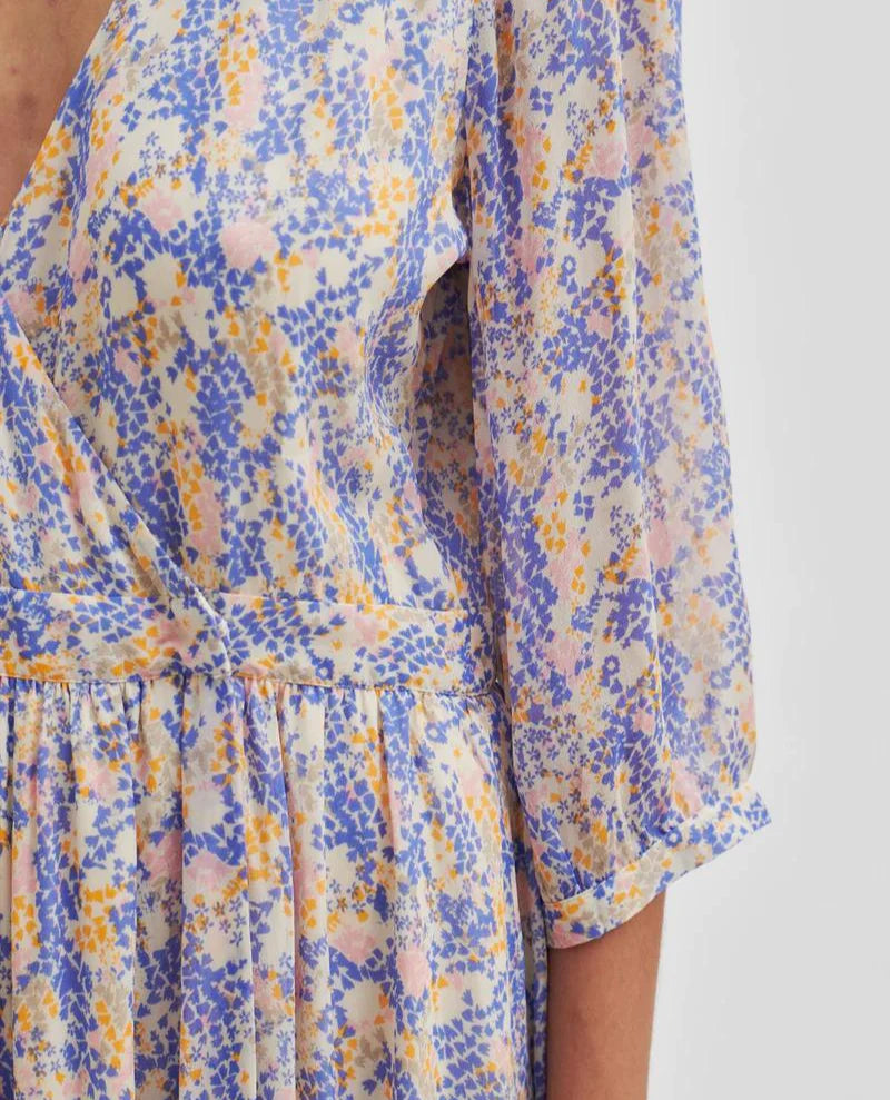 SECOND FEMALE Poppi V Neck 3/4 Sleeve Dress - Amparo Blue