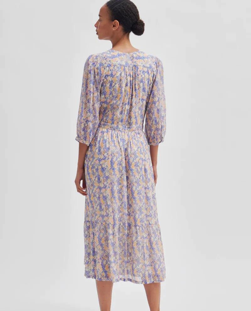 SECOND FEMALE Poppi V Neck 3/4 Sleeve Dress - Amparo Blue