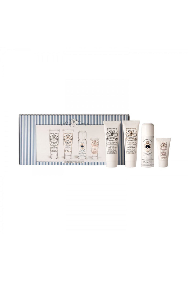Santa Maria Novella Men's Travel Kit, striped box with travel-size tubes and bottles, studio shot