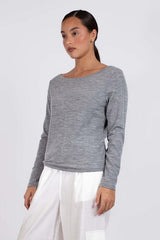 Vaenn Baby Wool Long Sleeve Wide Neck Crew in marble, on figure, front view