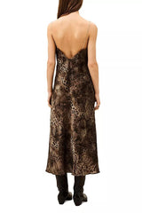 Back view of the brown animal print slip dress, showing the low scooped back