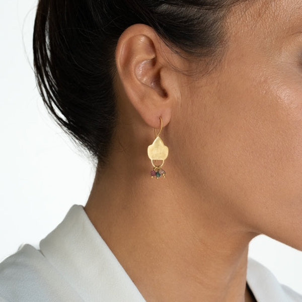 RUBYTEVA Matte Gold plate shield earrings with Multi Tourmaline beads