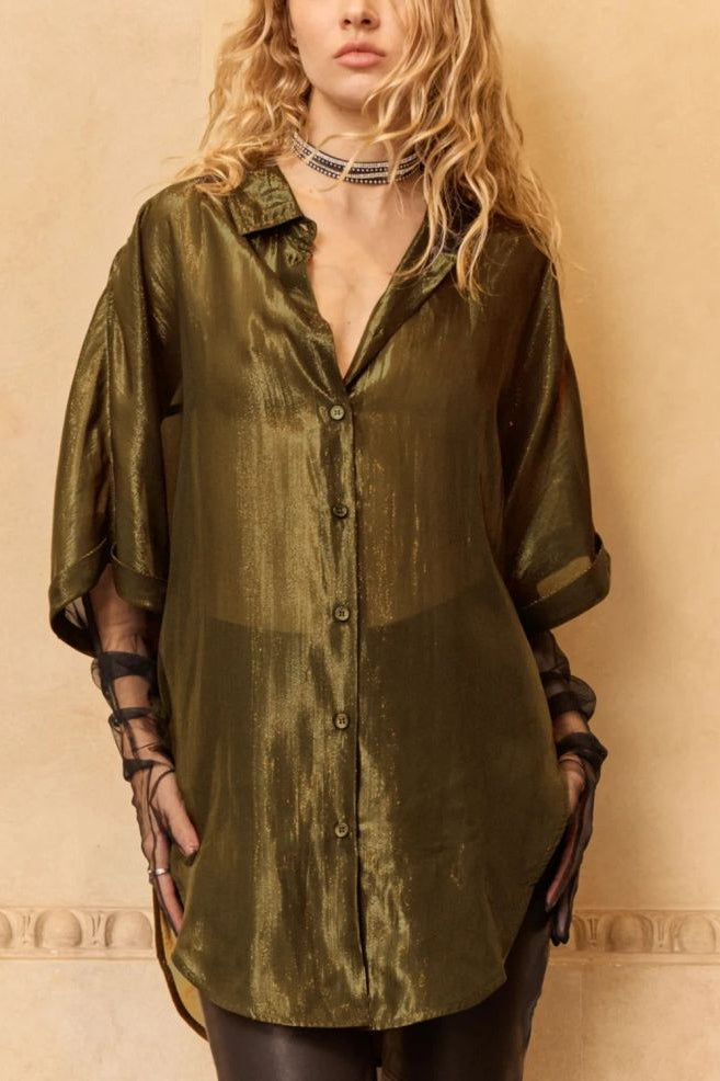 Light lurex shirt in khaki bronze worn open over sheer sleeves, front view