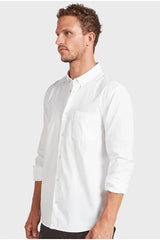 The Academy Brand Frank Poplin Shirt in white, worn by model, close three-quarter view