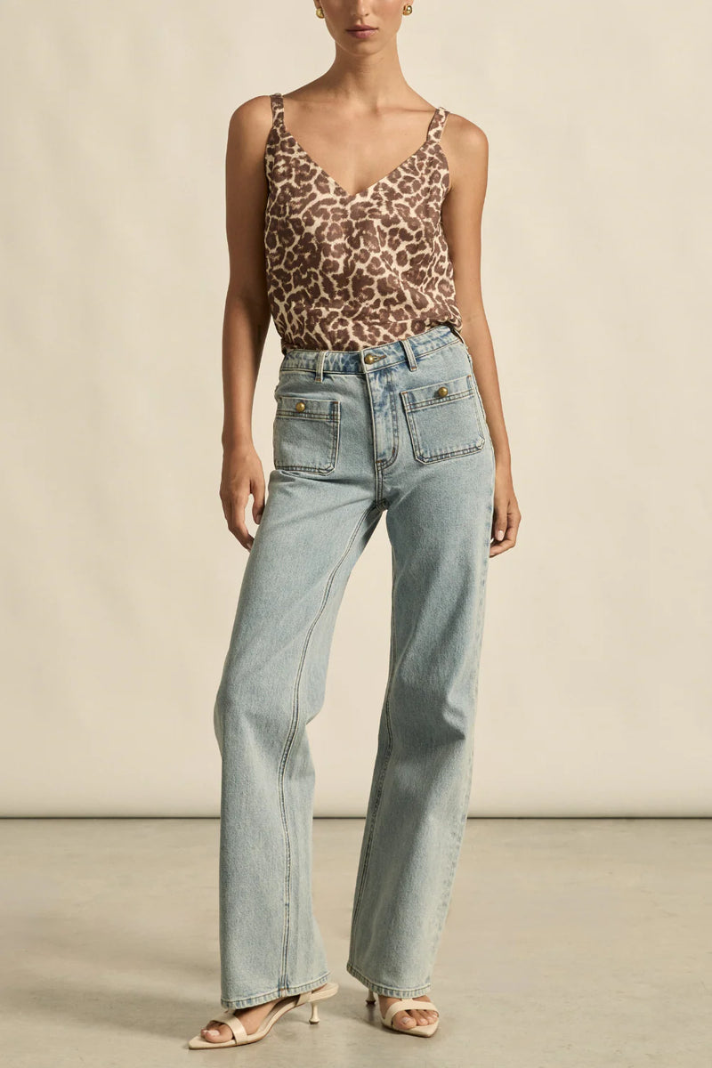 Zoe Kratzmann Memo Top in ocelot print, worn by model with light jeans, full length