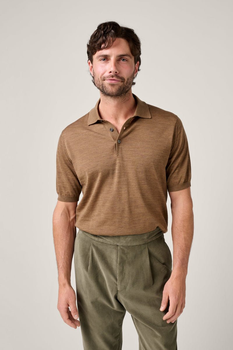 Christian Kimber, Kingsley Paperweight Merino Short-Sleeve Polo, Camel