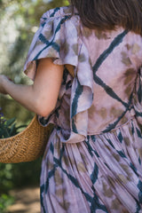 Detail of the flutter sleeve and tie-dye print on the Mes Demoiselles Orma dress