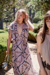 Orma dress worn with a silver bag, walking through the gardens with friends at Polperro