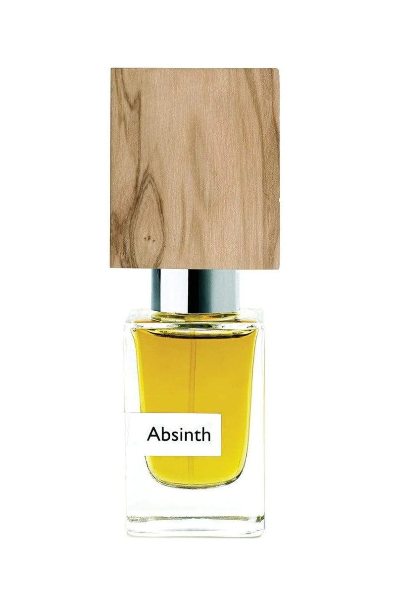 Nasomatto Absinth extrait de parfum, yellow-green juice under a pale woodgrain cap, front view