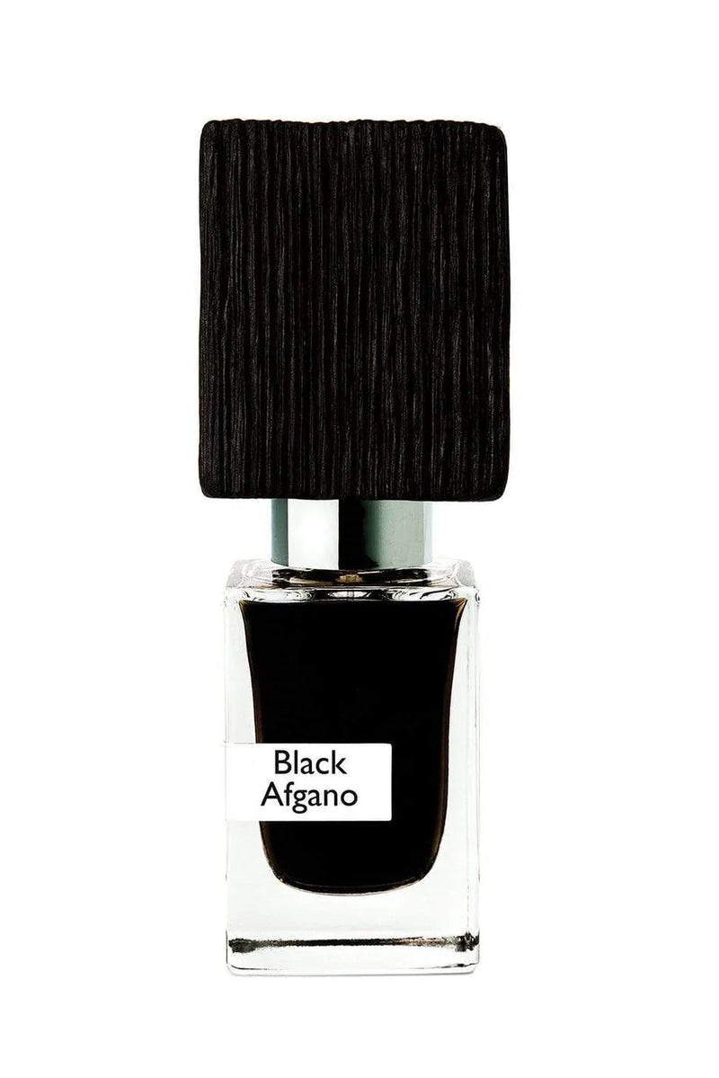 Nasomatto Black Afgano extrait de parfum, black juice under a black textured cap, front view