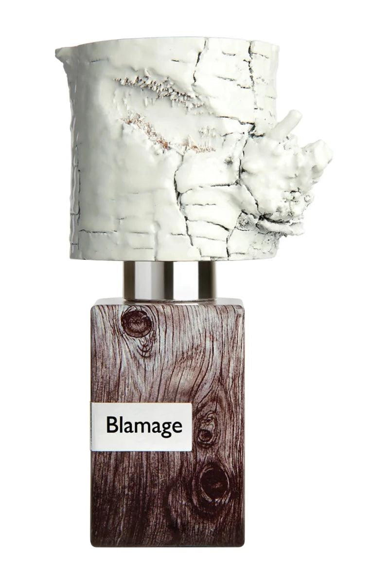 Nasomatto Blamage extrait de parfum, woodgrain bottle under a sculpted white cap, front view