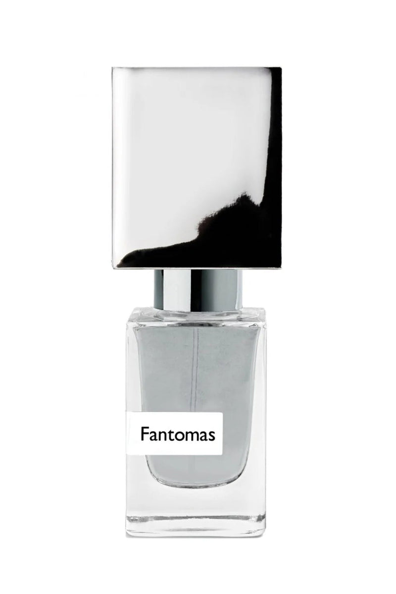 Nasomatto Fantomas extrait de parfum, pale grey juice under a mirrored cap, front view