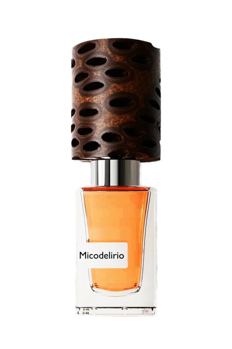 Nasomatto Micodelirio extrait de parfum, orange juice under a carved seed-pod cap, front view