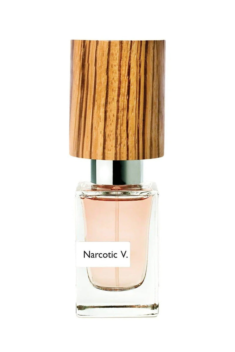 Nasomatto Narcotic V. extrait de parfum, pale pink juice under a striped woodgrain cap, front view