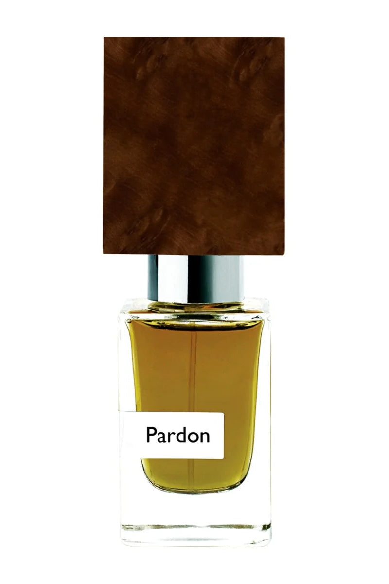 Nasomatto Pardon extrait de parfum, olive-gold juice under a burl-patterned cap, front view