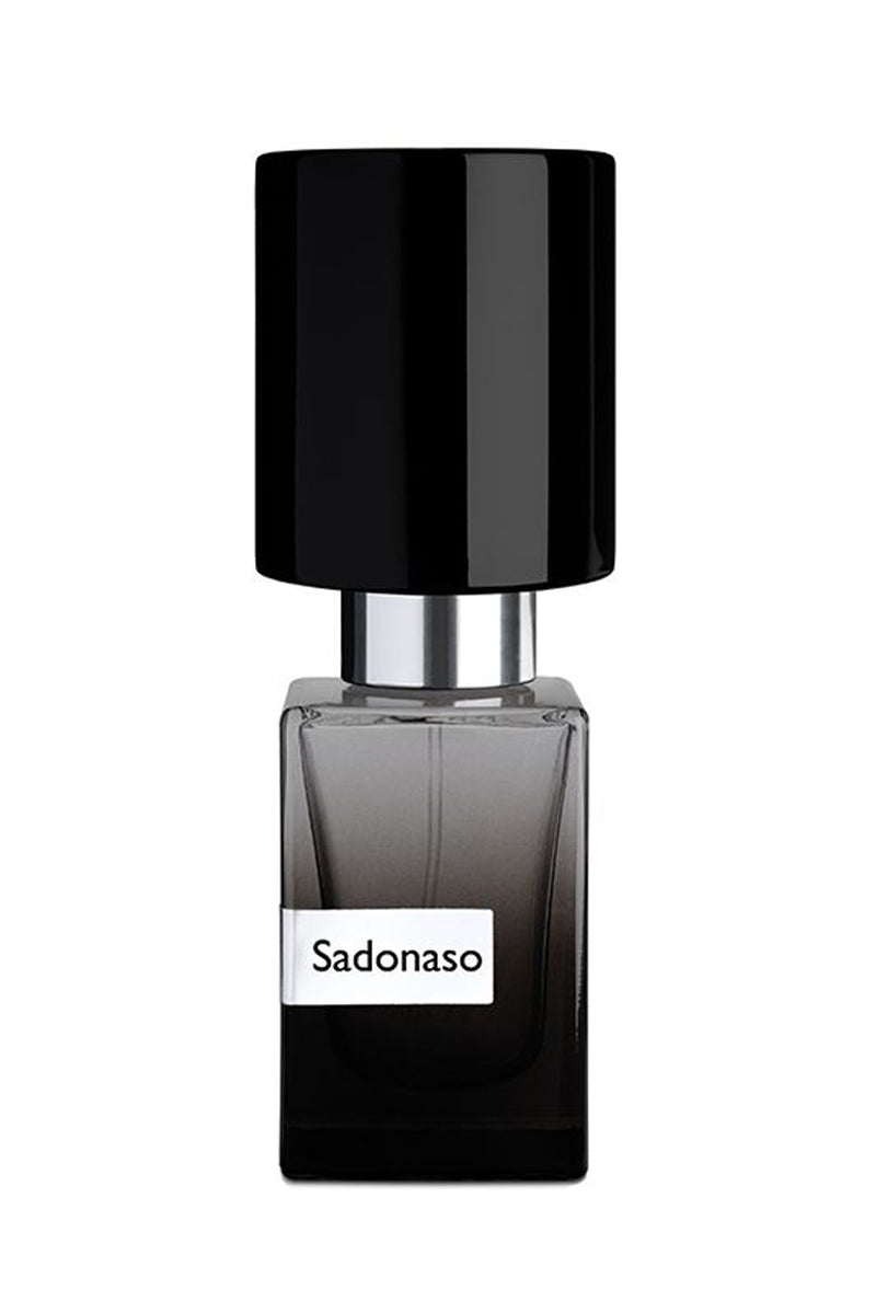 Nasomatto Sadonaso extrait de parfum, smoky black bottle under a gloss black cap, front view