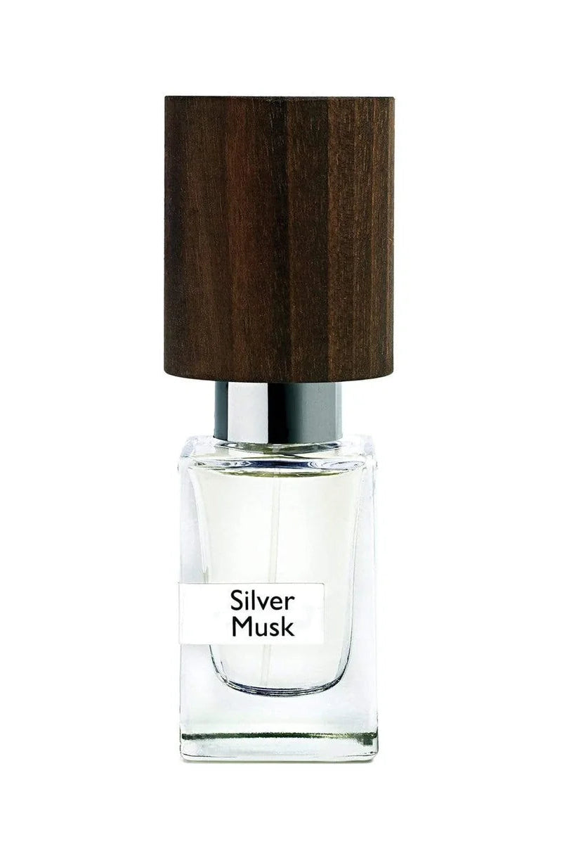 Nasomatto Silver Musk extrait de parfum, clear juice under a dark woodgrain cap, front view