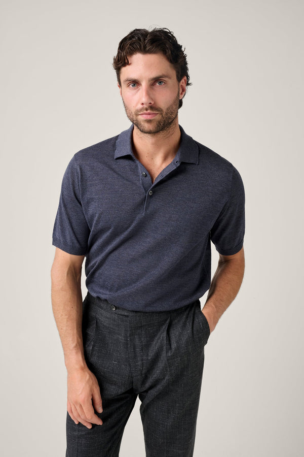 Christian Kimber, Kingsley Paperweight Merino Short-Sleeve Polo, Blue