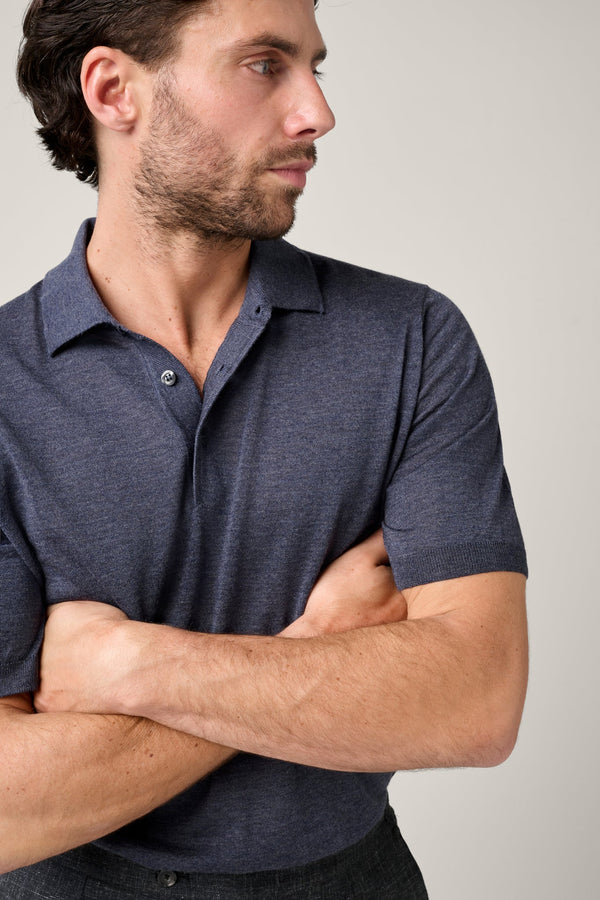 Christian Kimber, Kingsley Paperweight Merino Short-Sleeve Polo, Blue