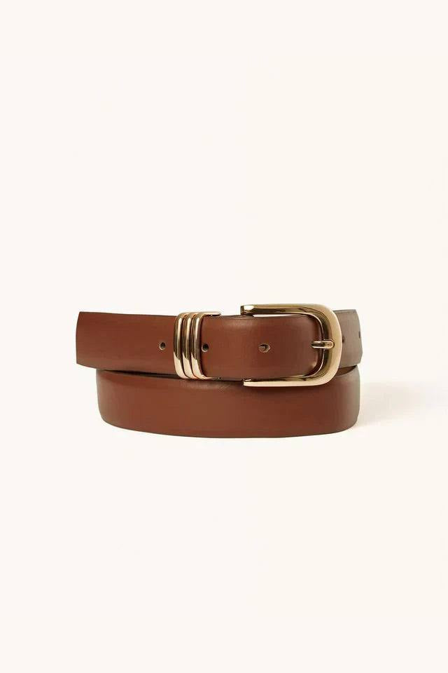 Billini Geneva Belt in chocolate with gold-tone buckle and keepers, coiled