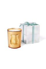 Trudon Galerie des Flammes Great Candle 2.8kg beside its gift box tied with pale blue ribbon