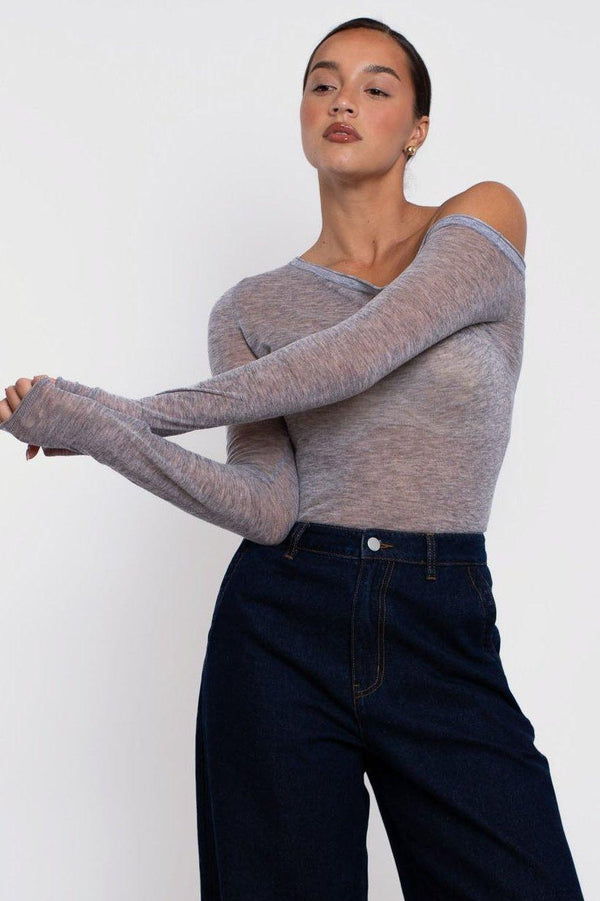 Vaenn Remsen One Shoulder Sheer Knit, Cloud Melange