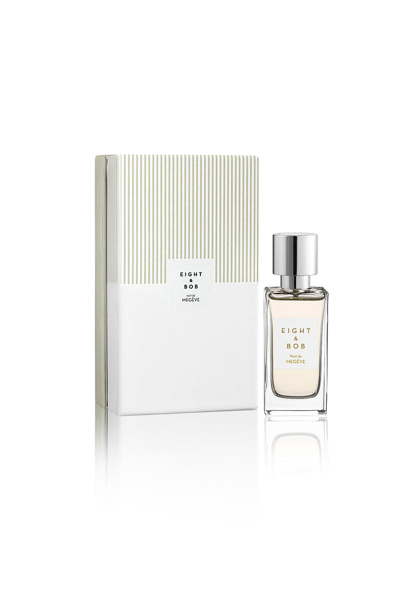 Eight & Bob Nuit de Megève 30ml, bottle with striped box, studio shot