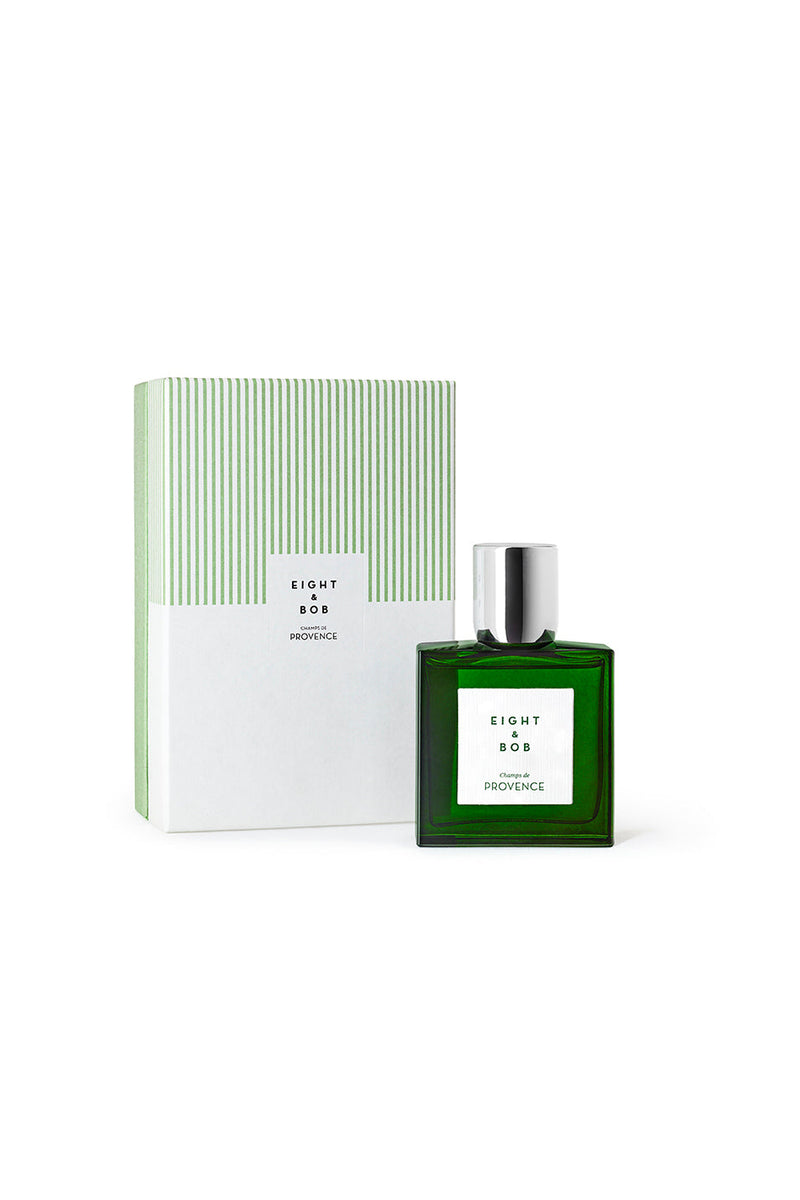 Eight & Bob Champs de Provence 100ml, green bottle with striped box, studio shot