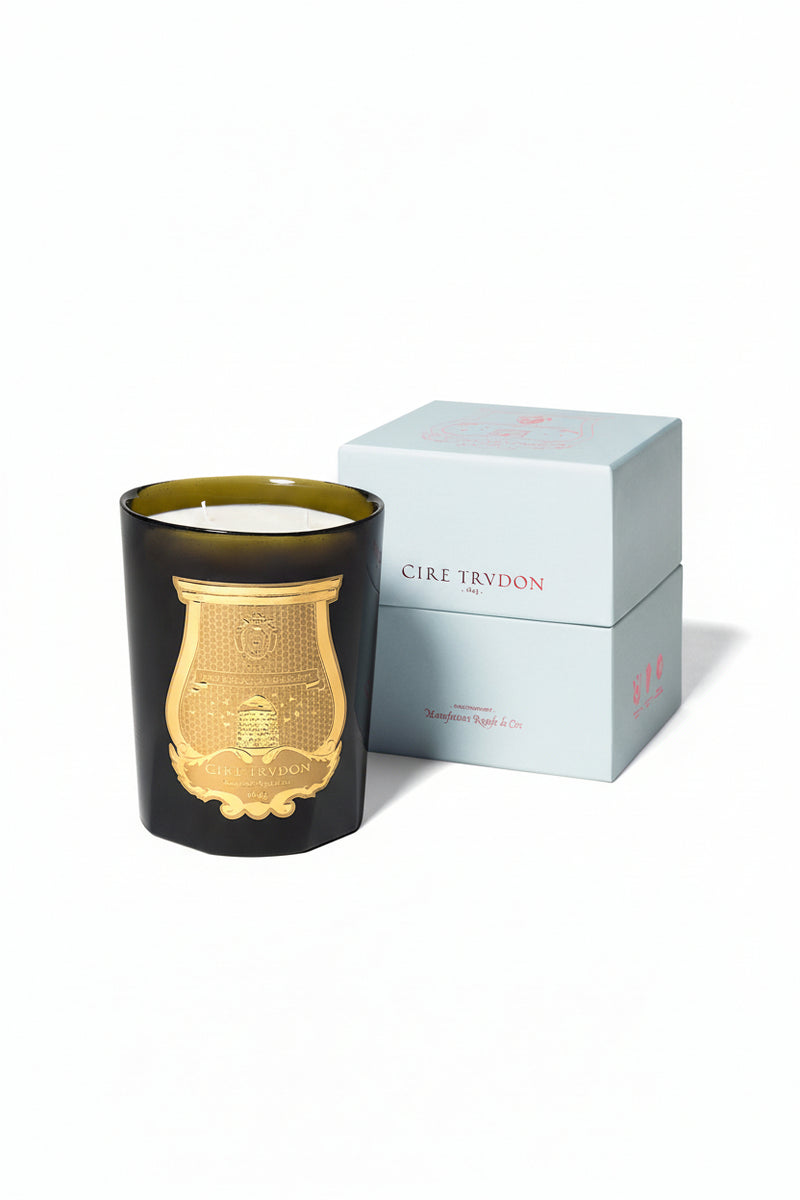 Trudon Ernesto Intermezzo Candle 800g, green glass candle beside its pale blue gift box