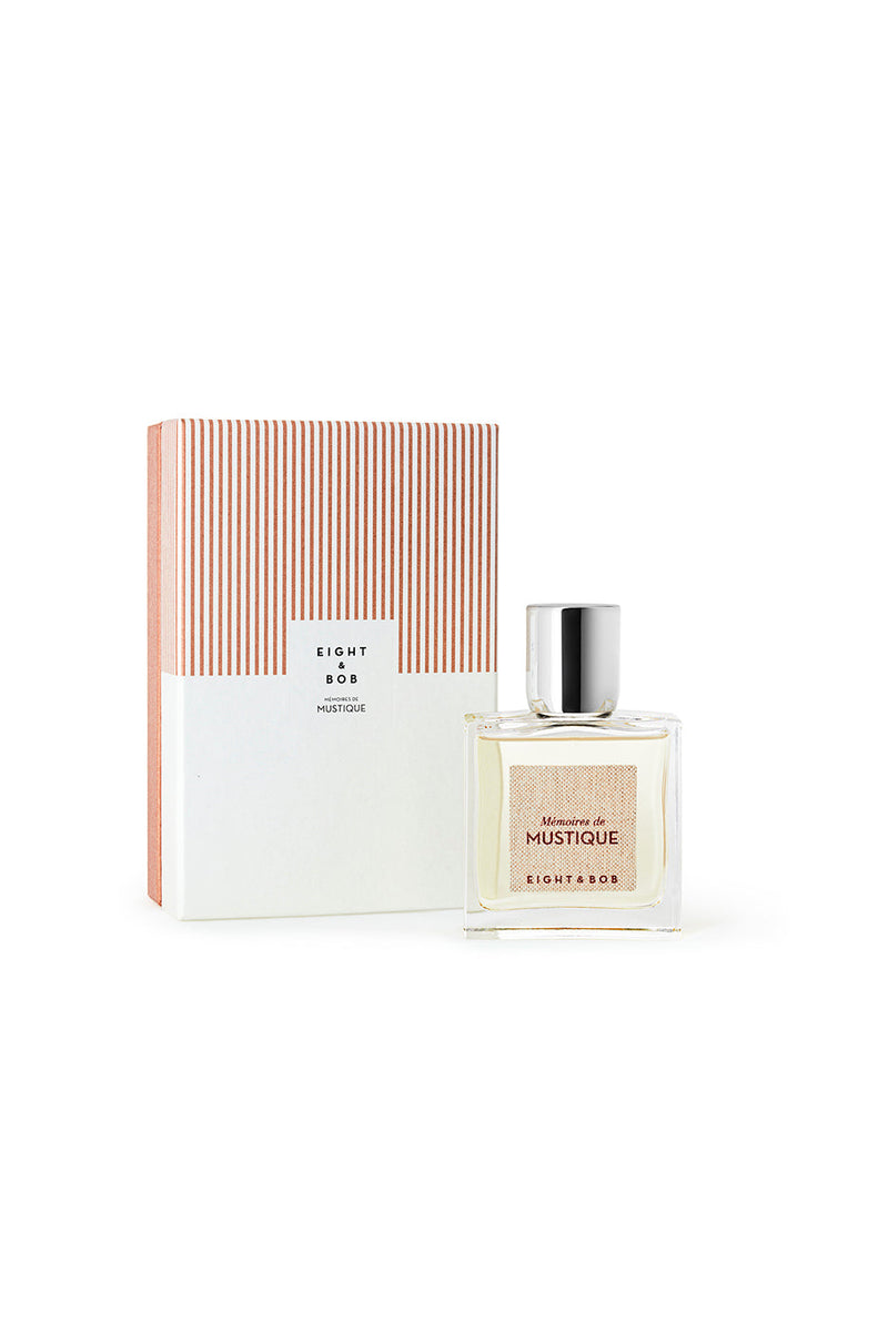 Eight & Bob Mémoires de Mustique 100ml, bottle with striped box, studio shot