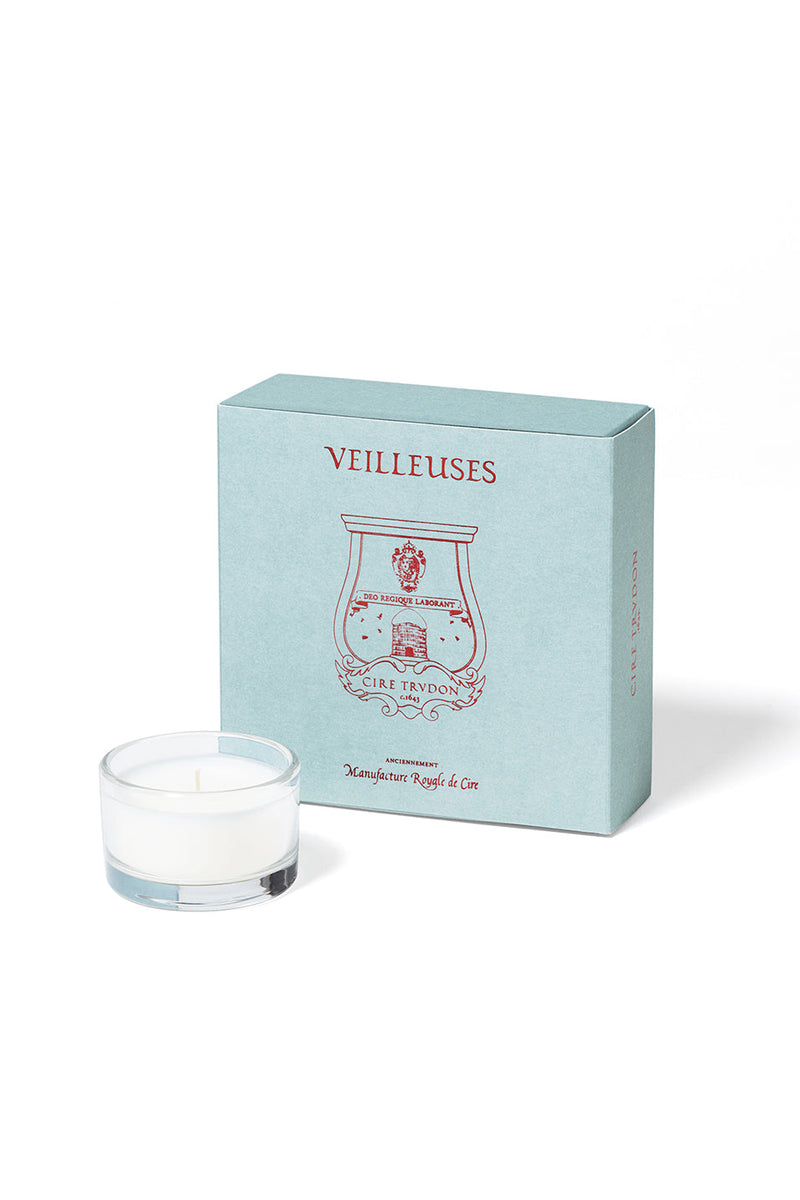 Trudon Veilleuses Night Light for La Promeneuse, clear glass tealight beside its pale blue box