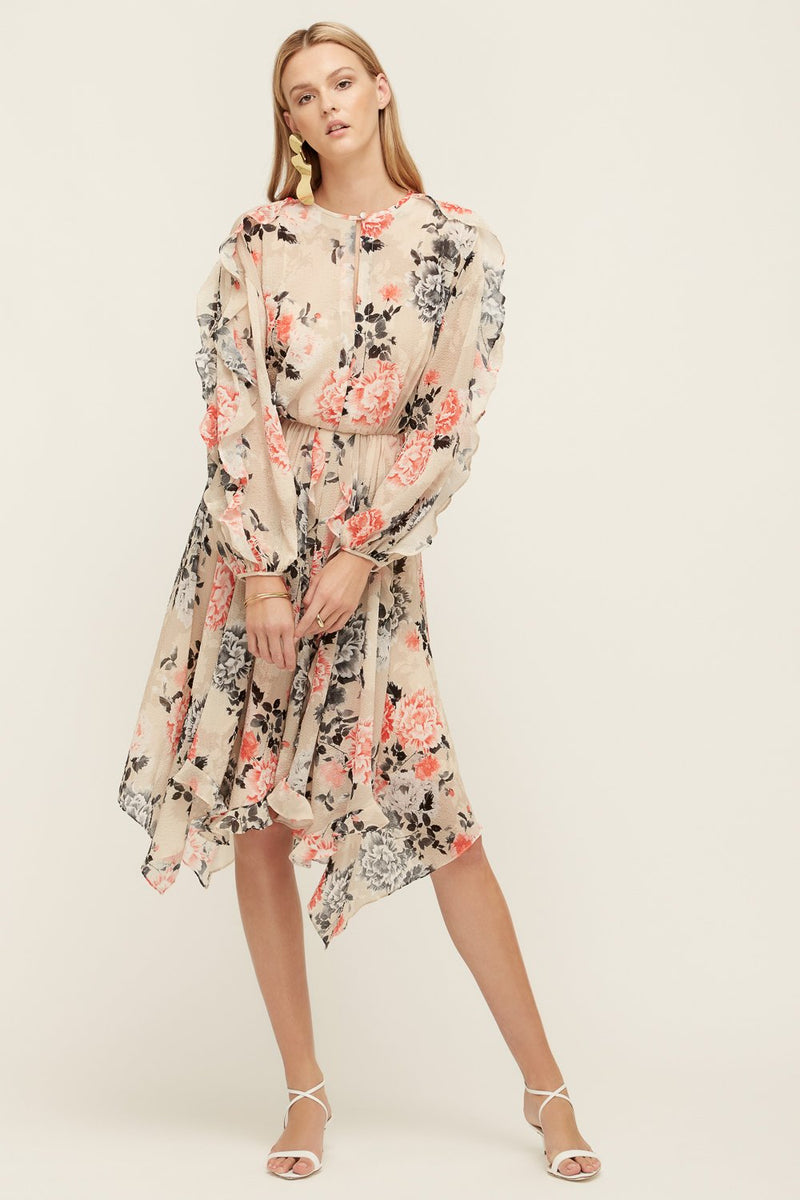 Lover Painterly Floral Midi Dress, Bone
