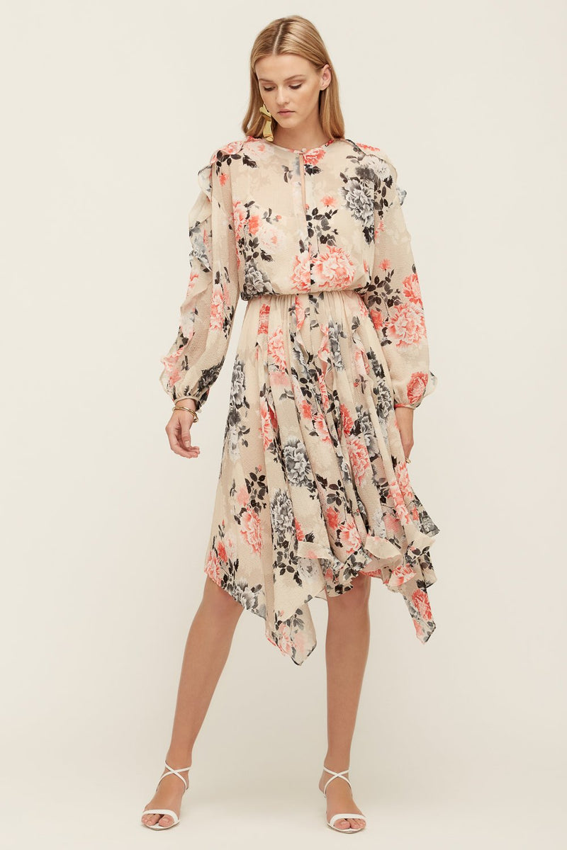 Lover Painterly Floral Midi Dress, Bone