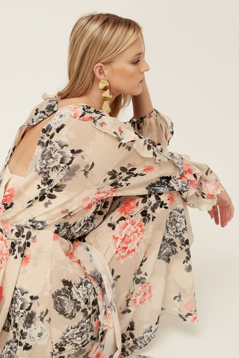 Lover Painterly Floral Midi Dress, Bone