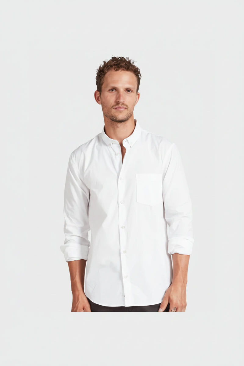 The Academy Brand Frank Poplin Shirt in white, worn by model, front view