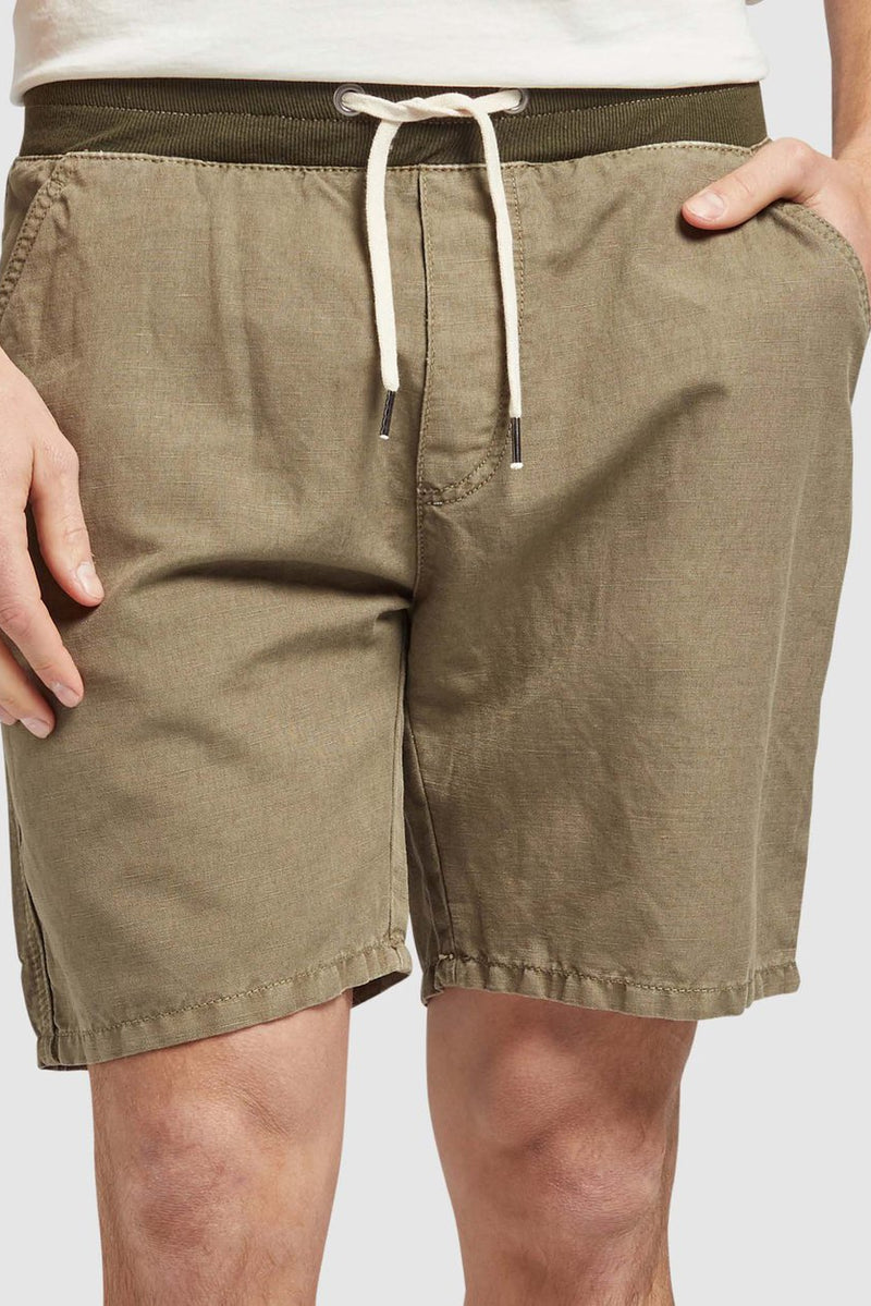 The Academy Brand Manhattan Beach Short in khaki, close-up of drawstring waist