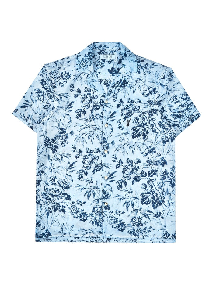 Floral Cuban Collar Short Sleeved Flash Shirt, Blue  100% COTTON